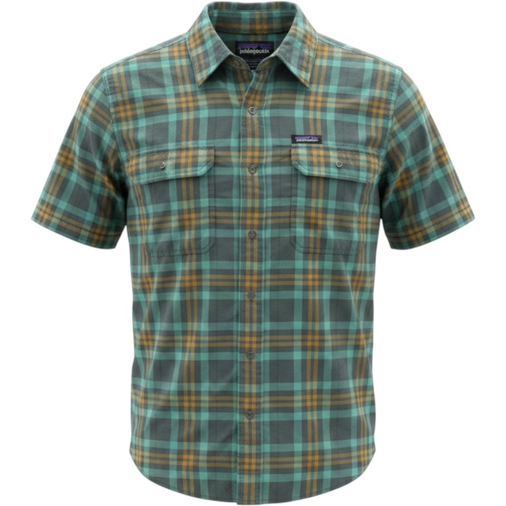 Patagonia Plaid Button Down Mens M Teal Short Sleeve Nylon Hiking Shirt‎
